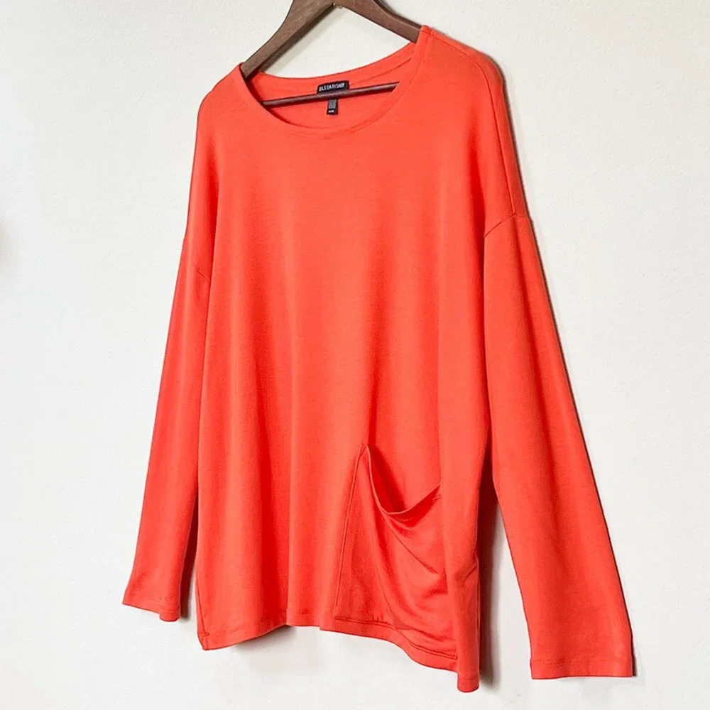 Eileen Fisher Tencel Stretch Terry Patch Pocket Long Sleeve Top Hot Red Orange M - Picture 8 of 15